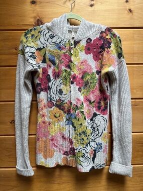 Anthropologie MOTH 100% wool floral hooded sweater zipper Medium M